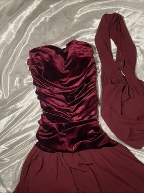 Strapless Burgundy Ruched Satin and Chiffon Evening Dress